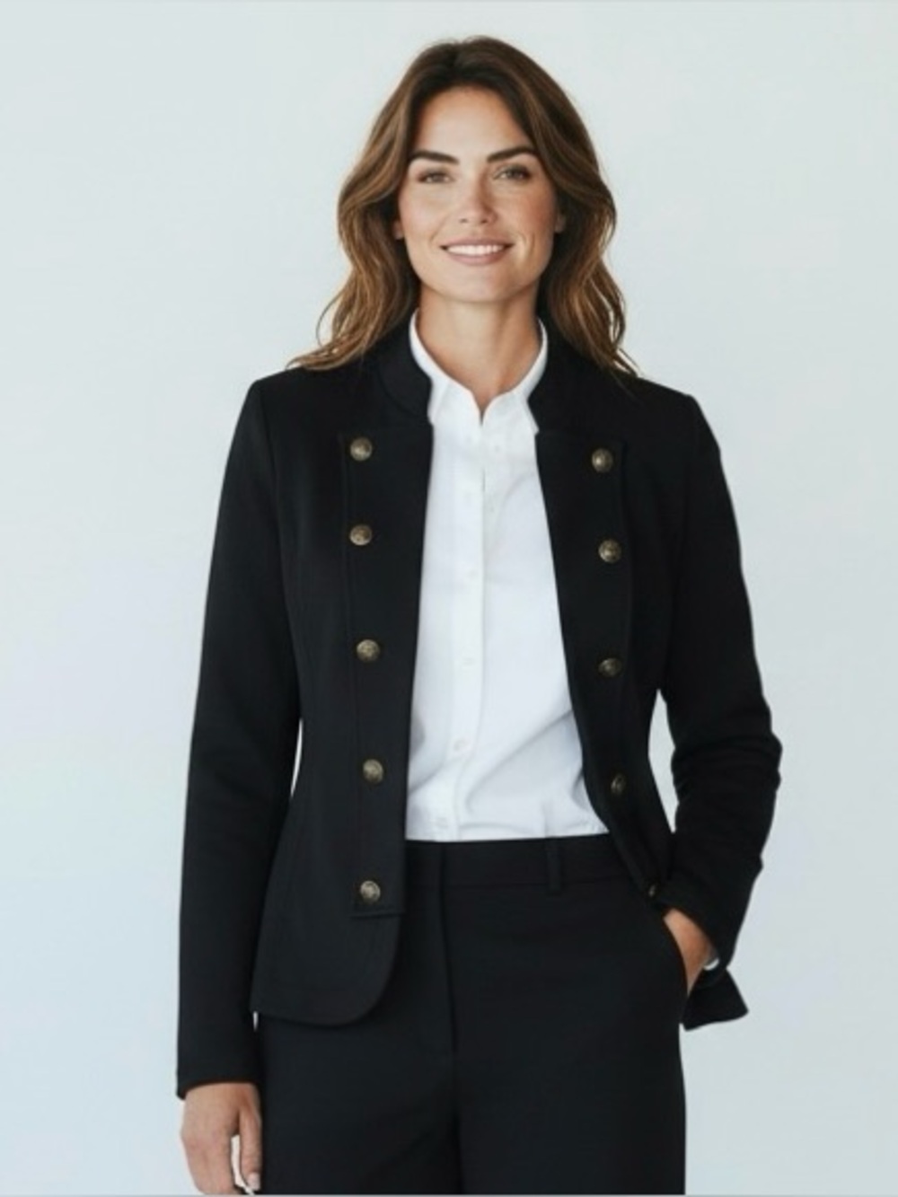 Tommy Hilfiger Womens M Black Military Knit Jacket Brass Buttons Open Front